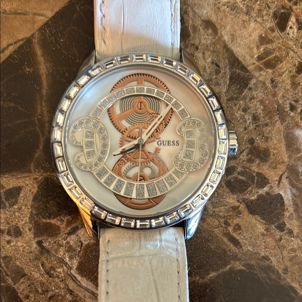 GUESS Silver and White Women's Watch